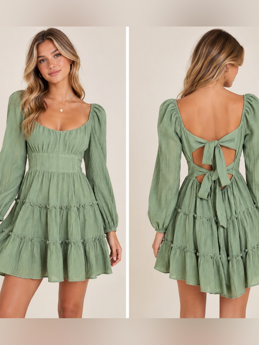 Altar’d State Sage Green Tiered Mini Dress Open Tie Back Long Sleeve S